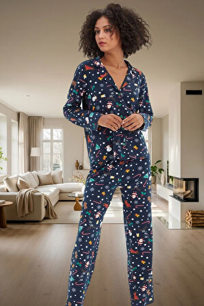 Kadın Kışlık Baskılı Pamuklu Pijama Takımı Rahat Kalıp Uzun Paça Homewear Yüksek Kalite Konforlu Kesim
