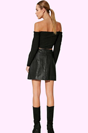 Kadın Mini A Line Suni Deri Etek Yüksek Bel Cepsiz Şık Tasarım Günlük Kullanım Özel Günler