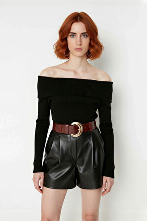 Kadın Ekru Carmen Yaka Fitted Crop Triko Kazak İlkbahar Sonbahar İçin Şık Ve Basic Tasarım