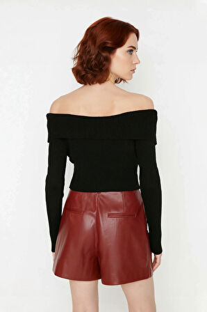 Kadın Ekru Carmen Yaka Fitted Crop Triko Kazak İlkbahar Sonbahar İçin Şık Ve Basic Tasarım