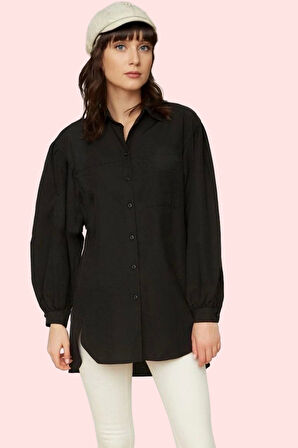 Kadın Balon Kol Uzun Gömlek Düz Desen Basic Relaxed Kalıp Günlük Kullanım Kaliteli Malzeme