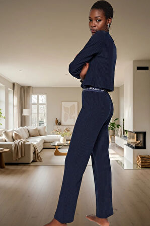 Kadın Fitilli Örme Pijama Takımı Regular Kalıp Rahat Günlük Konforlu Kesim Kaliteli İşçilik