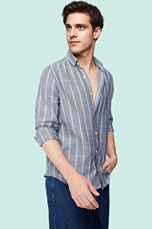 Erkek Slim Fit Çizgili Gömlek Pamuklu İş Ve Günlük Kullanım Hafta Sonu Yaz Aylarının Vazgeçilmezi