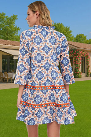 Yazlık Mini Etnik Desenli Pamuk Plaj Elbisesi V Yaka Balon Kol Uzun Ömürlü Premium Kalite