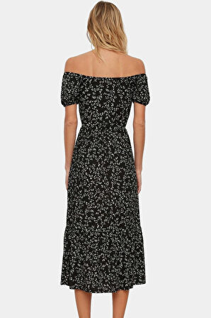 Çiçekli Örme Midi Elbise Kadın Yazlık Kısa Kollu Carmen Yaka Günlük Yüksek Kalite Modern Stil