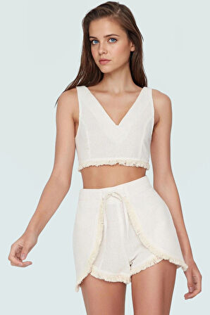 Yazlık Keten Görünümlü V Yaka Bluz Şort Takım Plaj için İdeal Yüksek Kalite Profesyonel Görünüm