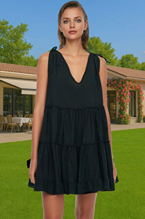 Yazlık Çizgili Mini Elbise %100 Pamuklu V Yaka Plaj Elbisesi Profesyonel Görünüm Uzun Ömürlü