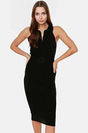 Kadın Triko Midi Elbise Kemerli Bodycon Slim Kalıp Günlük Kullanım İçin