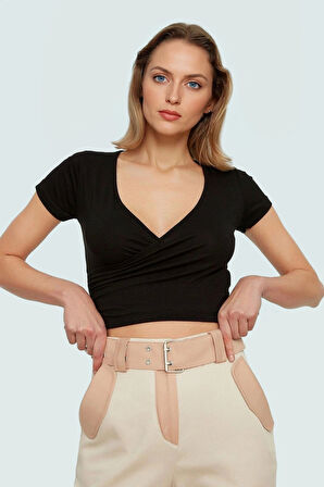 Viskon Süprem Fitted V Yaka Kısa Kollu Crop Bluz Seçkin Malzeme Rahat Kullanım