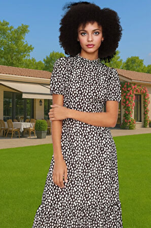 A Kesim Midi Boy Fırfırlı Çiçekli Dokuma Elbise Yazlık Günlük Profesyonel Görünüm Yüksek Kalite