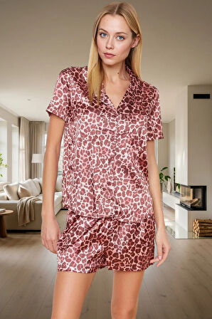 Kadın Leopar Desenli Saten Pijama Takımı Yazlık Rahat Homewear Kullanım Premium Kalite