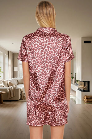 Kadın Leopar Desenli Saten Pijama Takımı Yazlık Rahat Homewear Kullanım Premium Kalite