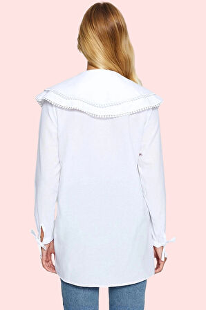 Kadın Uzun Kollu Poplin Gömlek Büyük Yaka Desensiz Günlük Şıklık Yaz Aylarının Vazgeçilmezi