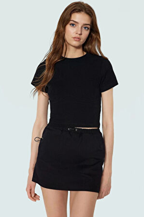 Kadın Bisiklet Yaka Crop Kaşkorse Örme Bluz Yazlık Rahat Konforlu Kesim Günlük Kullanım İçin