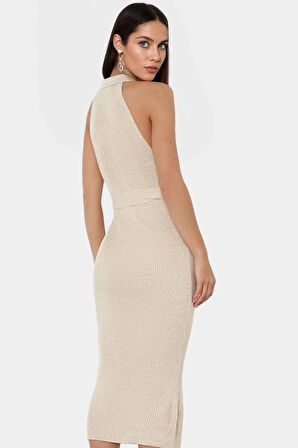 Kadın Triko Midi Elbise Kemerli Bodycon Slim Kalıp Günlük Kullanım İçin
