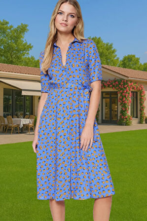 Kadın Midi Boy Gömlek Elbise Animal Desenli Viskoz Kumaş Günlük Stil Modern Stil