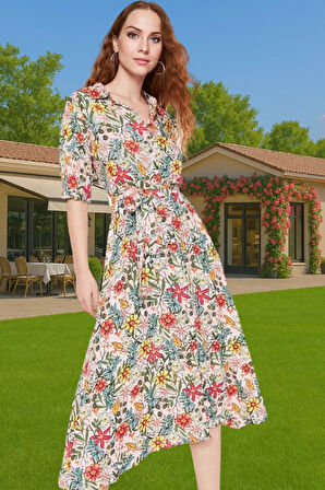 Kadın Midi Boy Gömlek Elbise Animal Desenli Viskoz Kumaş Günlük Stil Modern Stil