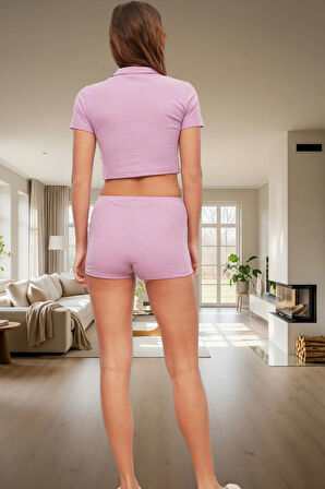 Kadın Fitilli Crop Şortlu Pijama Takımı Yazlık Regular Kalıp Trend Tasarım Seçkin Malzeme