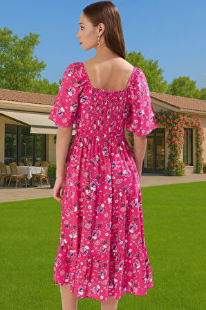 Yazlık A Kesim Balon Kollu Çiçek Desenli Midi Viskoz Elbise Günlük Kullanım İçin Trend Tasarım