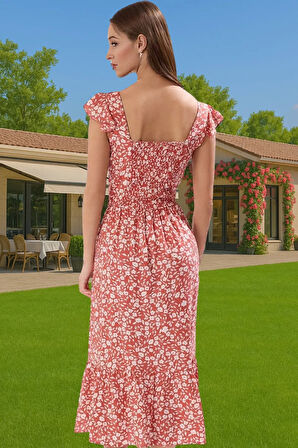 Çiçek Desenli A Kesim Midi Viskoz Elbise Büzgülü Kolsuz Yazlık Dayanıklı Malzeme Profesyonel Görünüm