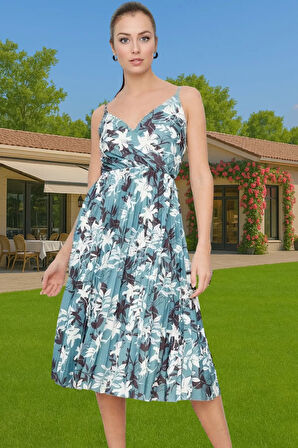 Pileli Midi Elbise Polyester Örme Yazlık Günlük Şık Özenle Seçilmiş Modern Stil Zarifane Tasarım