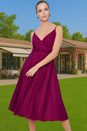 Pileli Midi Elbise Polyester Örme Yazlık Günlük Şık Özenle Seçilmiş Modern Stil Zarifane Tasarım