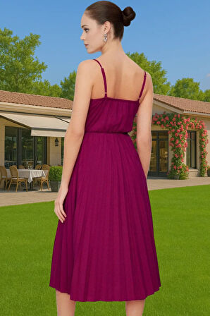 Pileli Midi Elbise Polyester Örme Yazlık Günlük Şık Özenle Seçilmiş Modern Stil Zarifane Tasarım