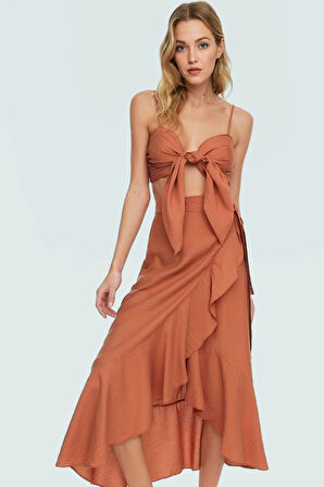 Kadın Tarzı Yazlık Volanlı Bluz Etek Takım Rahat Viskoz Kumaş Plaj Profesyonel Görünüm