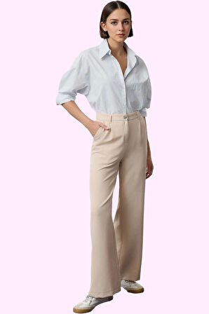 Kadın Geniş Paça Dokuma Pantolon Yüksek Bel Casual Günlük Hafta Sonu Yaz Aylarının Vazgeçilmezi