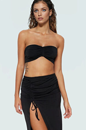 Kadın Örme Fitted Straplez Bluz Etek Plaj Takımı Dar Paça Modern Stil Premium Kalite