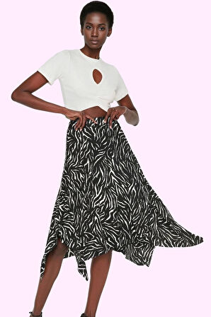 Kadın Asimetrik Midi Etek Zebra Desenli Yüksek Bel Örme Kumaş Günlük Yaz Aylarının Vazgeçilmezi