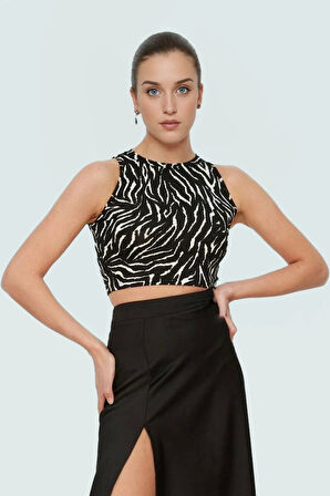 Kadın Animal Desenli Halter Yaka Crop Bluz Örme Polyester Yazlık Rahat Kullanım Özel Tasarım