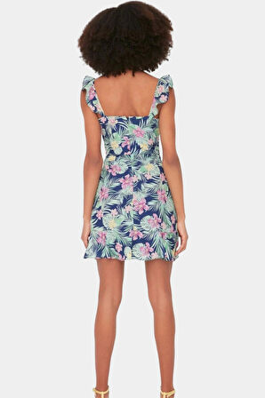 Çiçekli Mini A Line Elbise Moss Krep Dokuma Polyester Yazlık Şık Rahat Ve Dayanıklı Malzeme