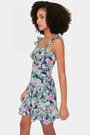 Çiçekli Mini A Line Elbise Moss Krep Dokuma Polyester Yazlık Şık Rahat Ve Dayanıklı Malzeme