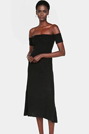 Şık Midi Boy Triko Elbise Carmen Yaka A Line Günlük Özenle Seçilmiş Profesyonel Görünüm