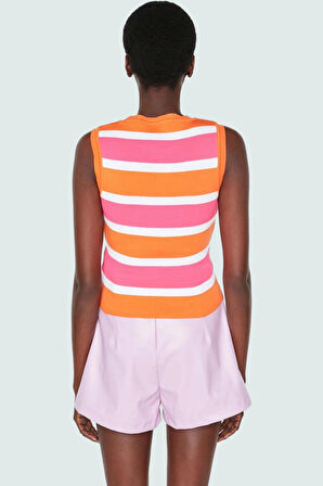 Şık Renk Bloklu Bisiklet Yaka Kolsuz Triko Bluz Rahat Ve Trend Tasarım Zarifane