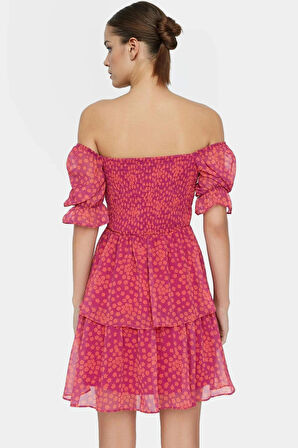 Çiçekli Mini Elbise Astarlı Kısa Kol Dokuma Yazlık Özenle Seçilmiş Mükemmel Uyum