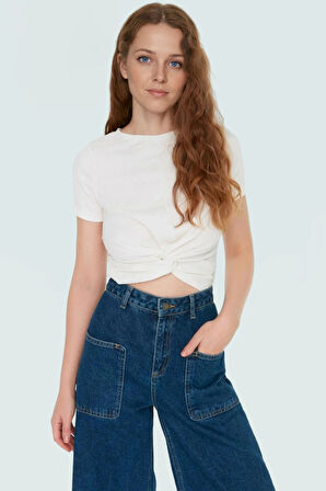 Kadın Bağlama Detaylı Bisiklet Yaka Crop Bluz Özenle Seçilmiş Seçkin Malzeme Premium Kalite