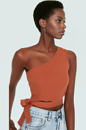 Tek Omuz Bağlamalı Crop Bluz Örme Pamuklu Yazlık Rahat Kombin Yüksek Kalite Uzun Ömürlü