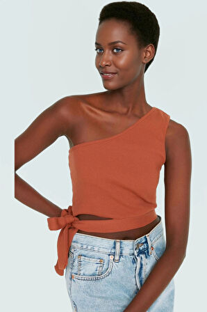 Tek Omuz Bağlamalı Crop Bluz Örme Pamuklu Yazlık Rahat Kombin Yüksek Kalite Uzun Ömürlü