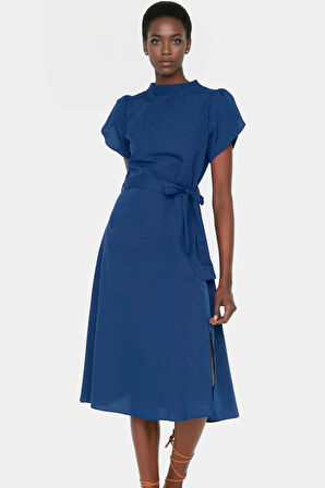 Midi A Line Pamuklu Elbise Bel Kuşağı ile Yazlık Şık Konforlu Kesim Zarifane Tasarım