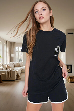 Kadın Panda Baskılı Pamuklu Kısa Kollu Pijama Takımı Rahat Yazlık Homewear Mükemmel Uyum