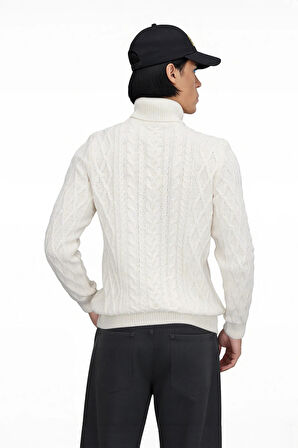 Erkek Fitted Kalıp Triko Balıkçı Yaka Saç Örgü Desenli Kalın Standart Kol Günlük Şık Kazak