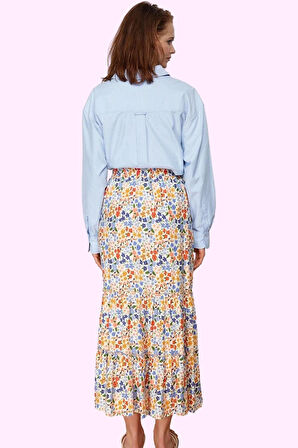 Kadın Maxi Çiçekli Desenli Dokuma Etek Yüksek Bel Kemerli Günlük Kullanım Kaliteli Malzeme