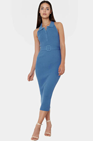 Kadın Triko Midi Elbise Kemerli Bodycon Slim Kalıp Günlük Kullanım İçin