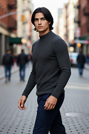 Erkek Fitted Dar Kalıp Dik Yaka Uzun Kol Fitilli Triko Kazak Kış Günleri İçin Şık ve Rahat Seçim