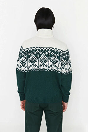 Erkek Regular Fit Balıkçı Yaka Etnik Desenli Kalın Triko Kazak Kışlık Günlük Şık Kombinler İçin