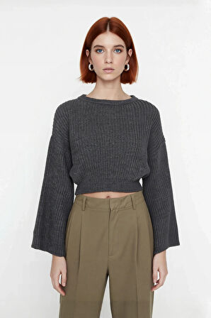 Kadın Oversize Gri Akrilik Selanik Dokuma Super Crop İspanyol Kol Triko Kazak Günlük Stilinize