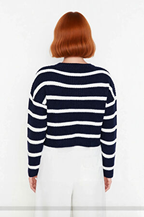 Kadın Oversize Bisiklet Yaka Çizgili Crop Triko Kazak Düşük Kollu Rahat Kışlık Kombinler İçin