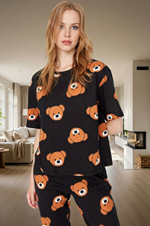 Kadın Ayıcıklı %100 Pamuklu Pijama Takımı Rahat Boru Paça Lounge Giyim Yüksek Kalite